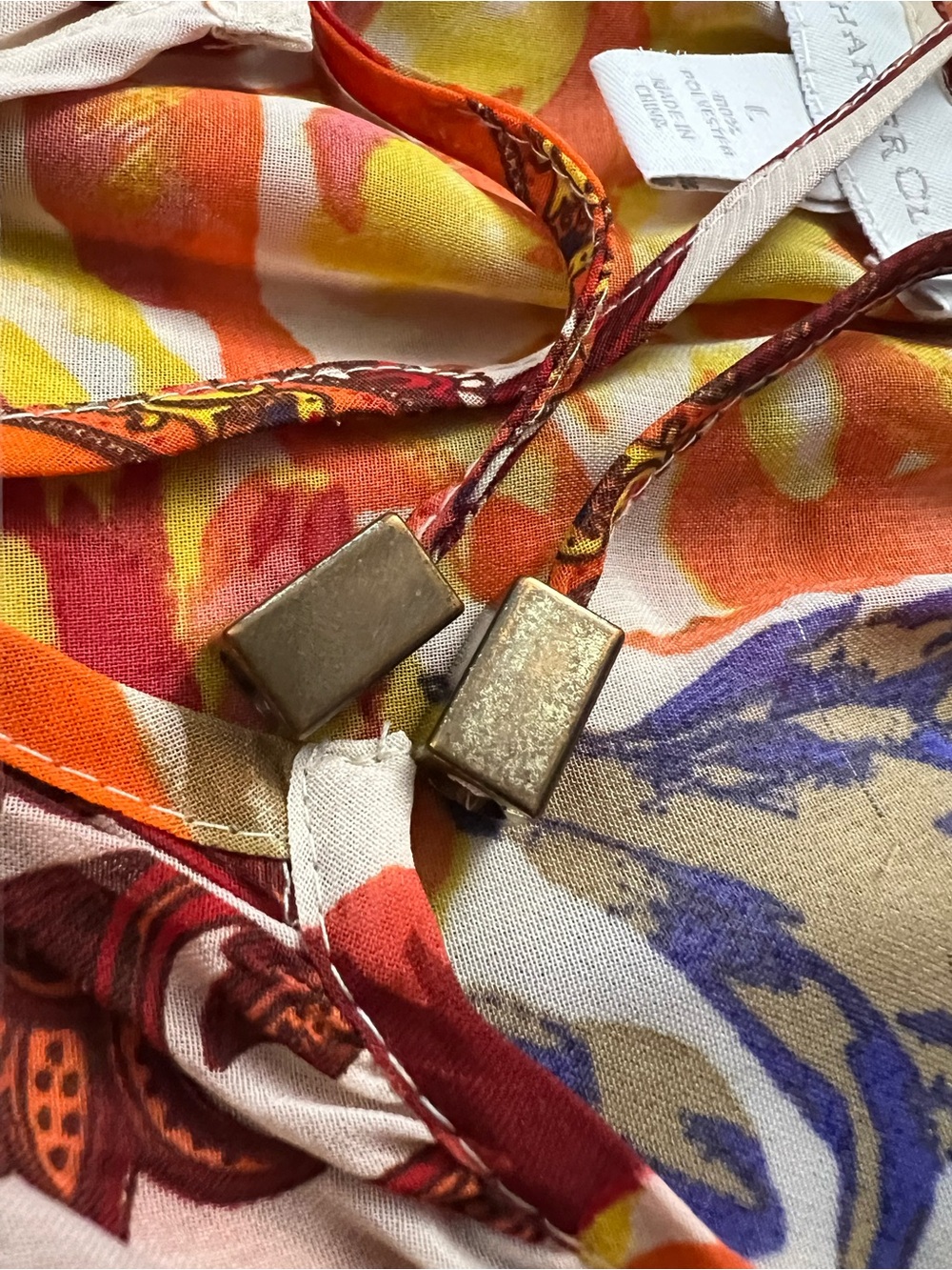 Charter Club Floral Peasant Blouse Boho Orange Beige Tie Neck Sheer Sleeve Top L - Picture 10 of 10